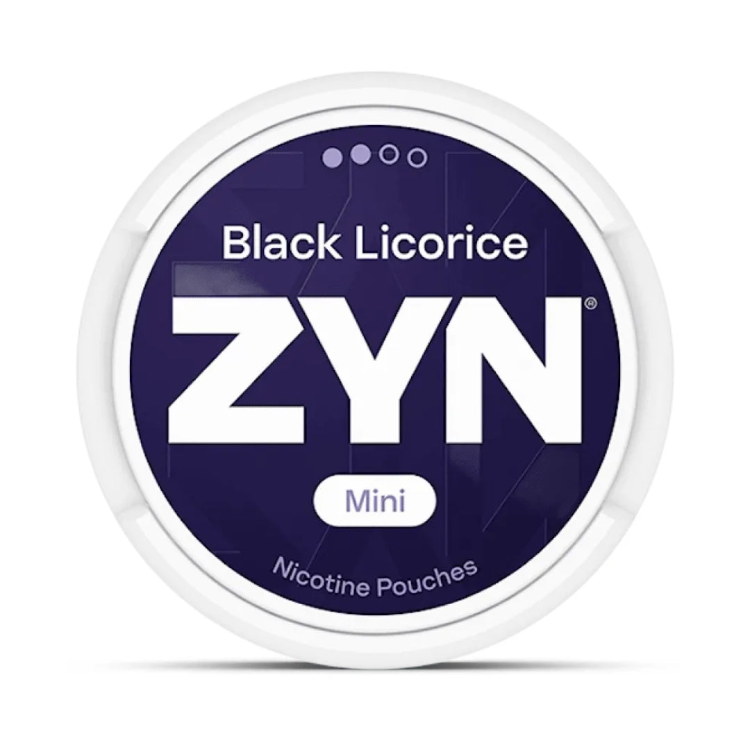ZYN Black Licorice Mini Nicotine Pouches packaging on a white background