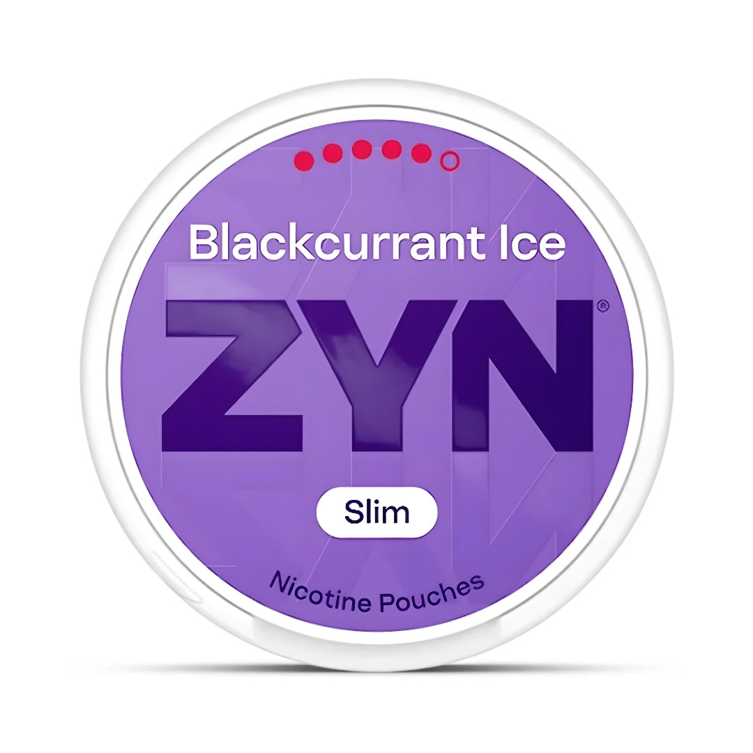 ZYN Blackcurrant Ice nicotine pouches container on a white background